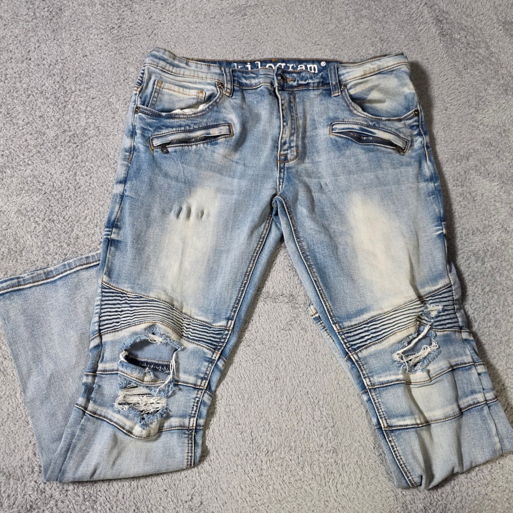 Kilogram Mens 38 36x31 Moto Biker Jeans Light Wash Distressed Ribbed Zipper Y2K